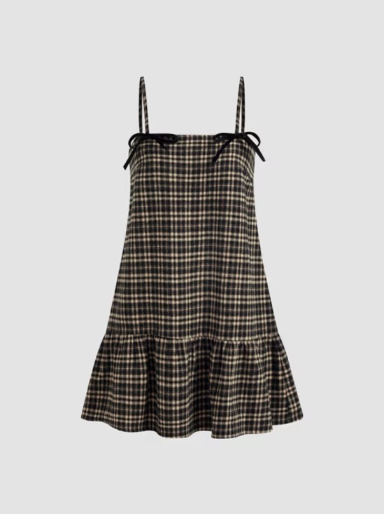Cider Dresses & Skirts - Cider Checked Tie-Strap Mini Dress - Black & Cream
